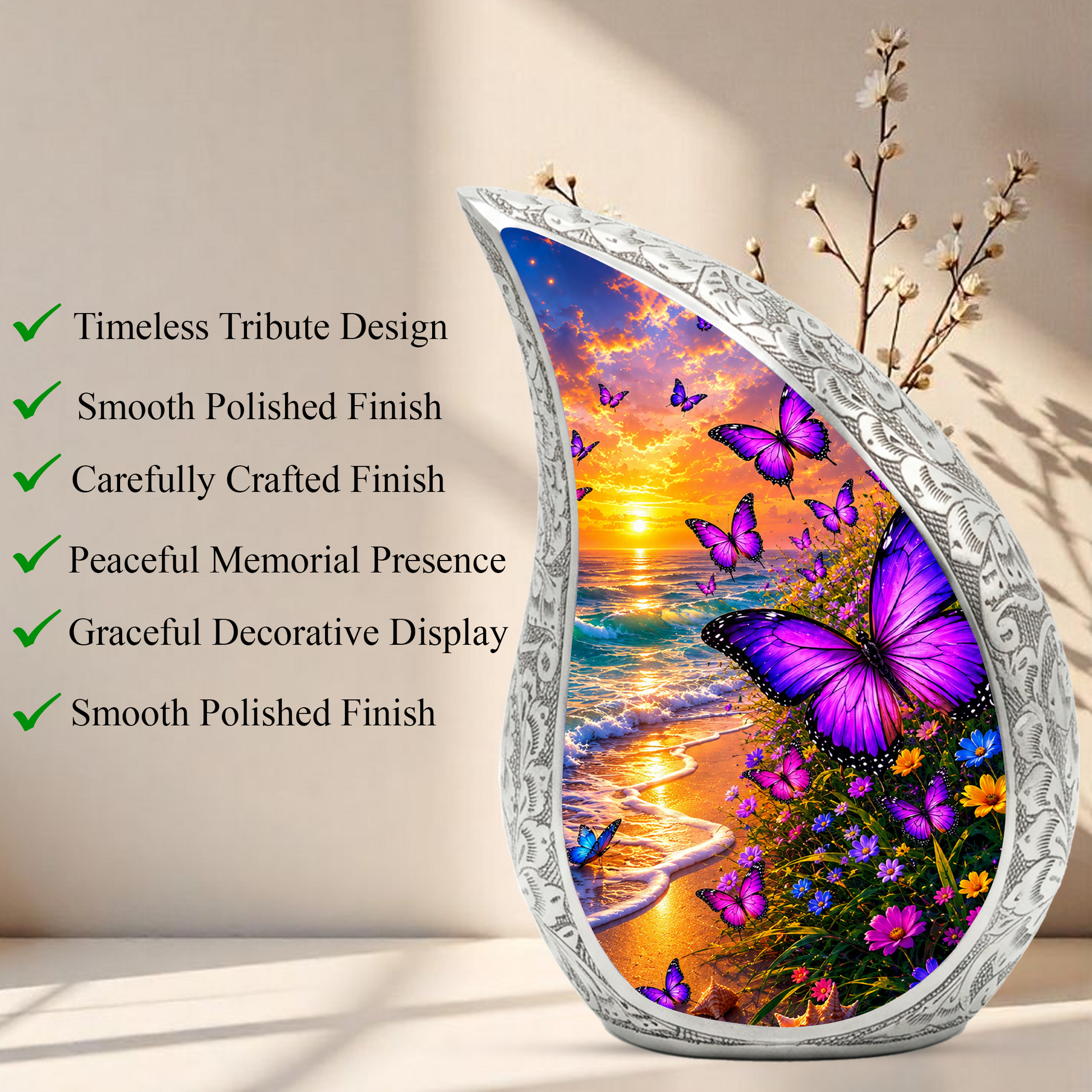 Purple Butterfly Memorial Urn for Mom, Beach Butterfly Cremation Urn for Ashes