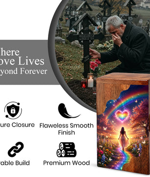 Rainbow Heart Wooden Cremation Urn – Celestial Rainbow Memorial Wooden Urn for Human Ashes