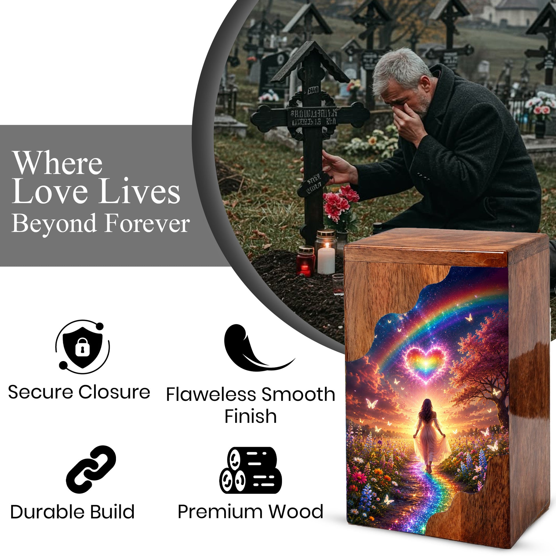 Rainbow Heart Wooden Cremation Urn – Celestial Rainbow Memorial Wooden Urn for Human Ashes