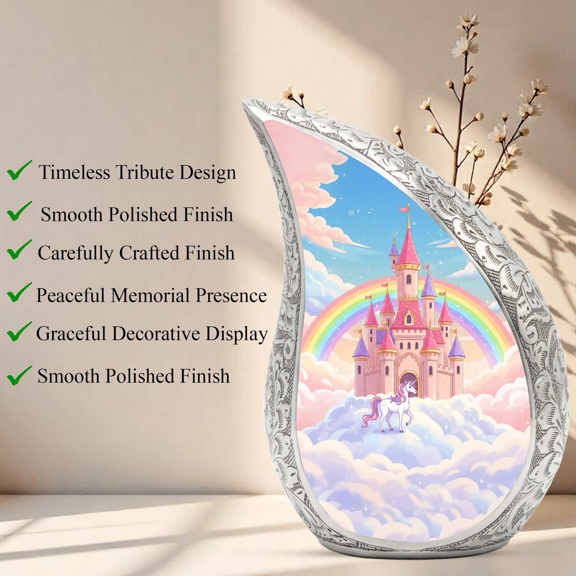 Rainbow Castle Unicorn Memorial Urn | Child Keepsake Urn | Baby Memorial Urn for Ashes