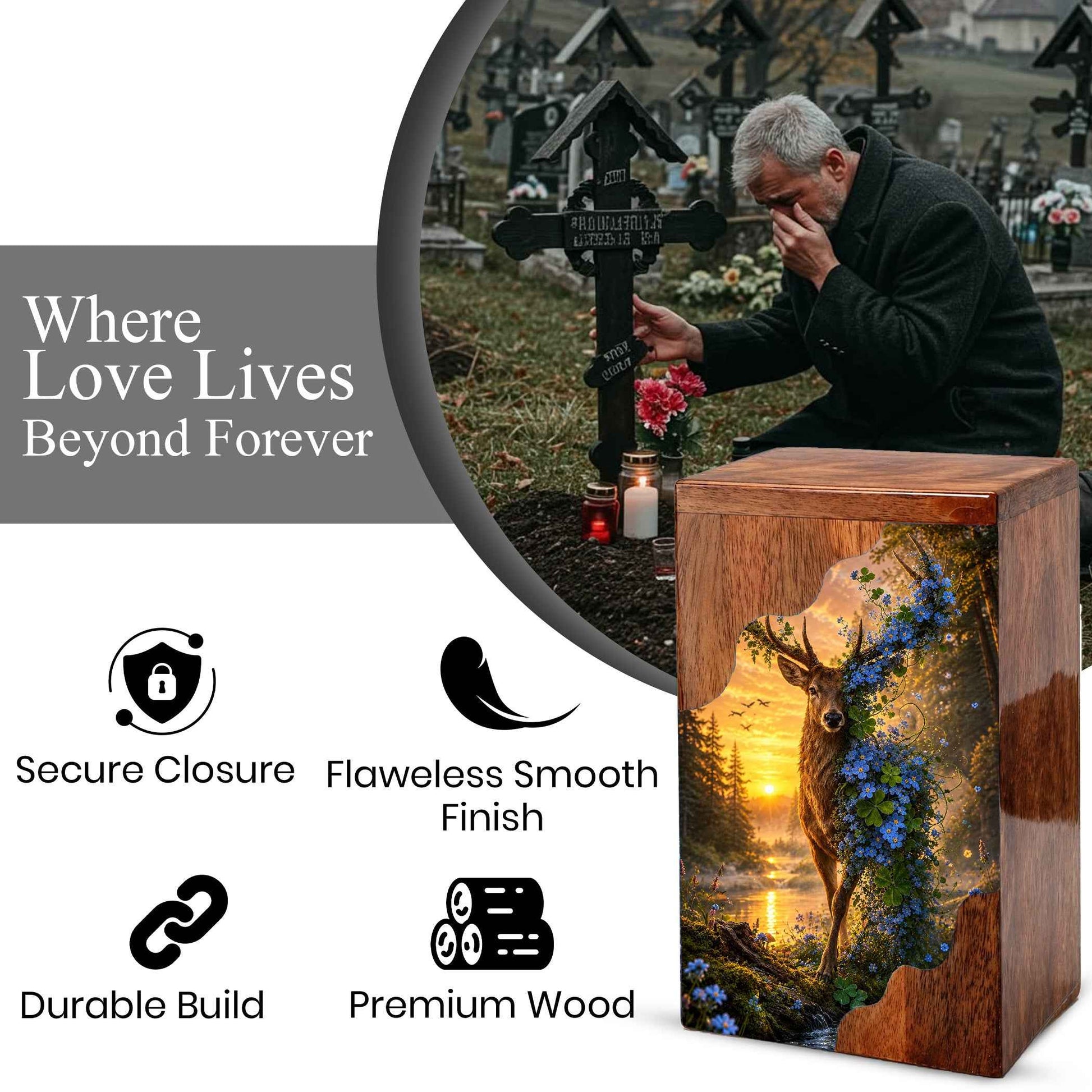 Deer Wooden Cremation Urn for Mom | Wooden Urn for Human Ashes | Adult Female Urn |
