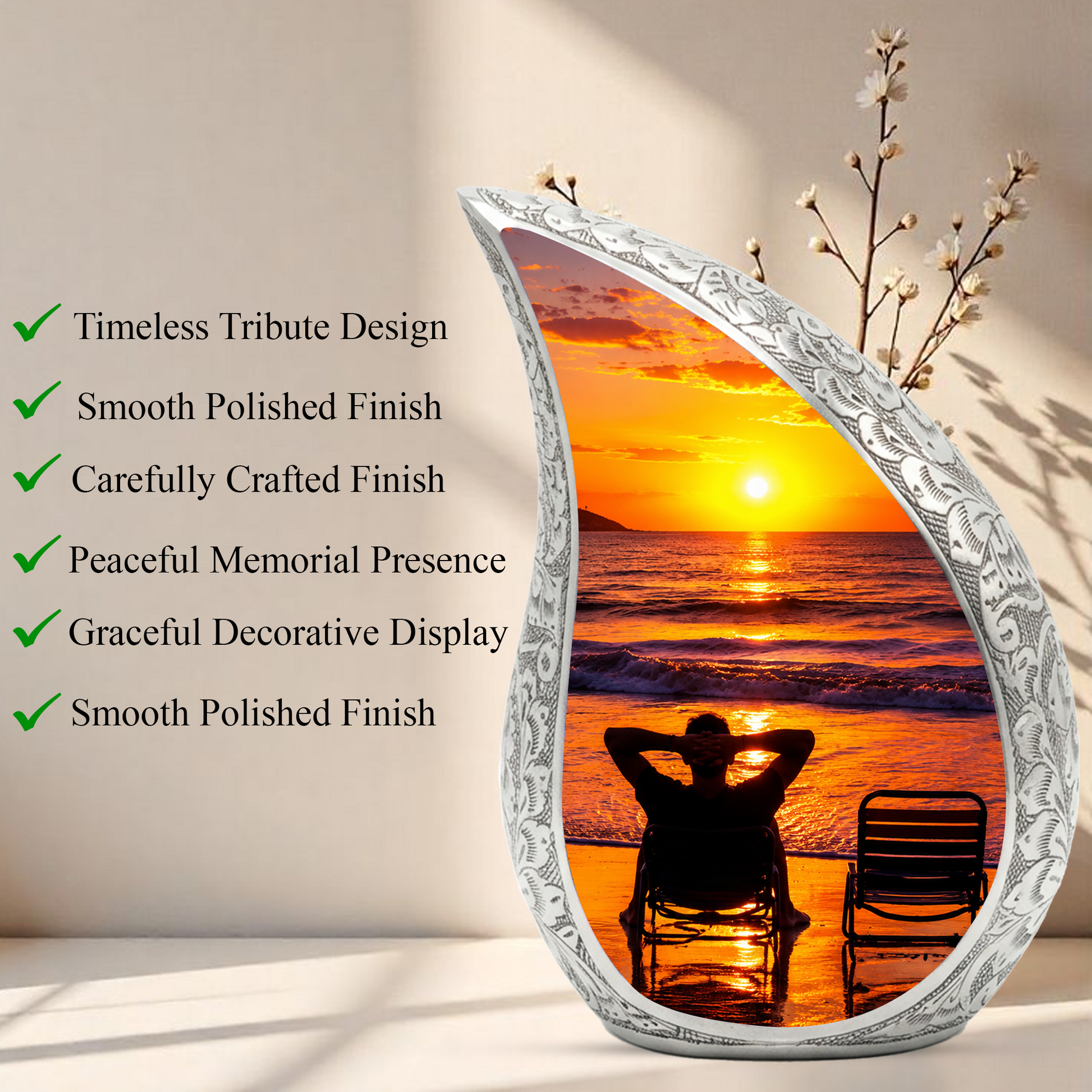Beach Sunset Urn for Human Ashes | Wooden Ocean Sunset Cremation Urn | Beach Memorial Urn