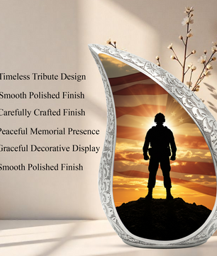 Patriotic Soldier Personalized Cremation Urn – Teardrop Style Aluminum Memorial Urn, 10 Inch