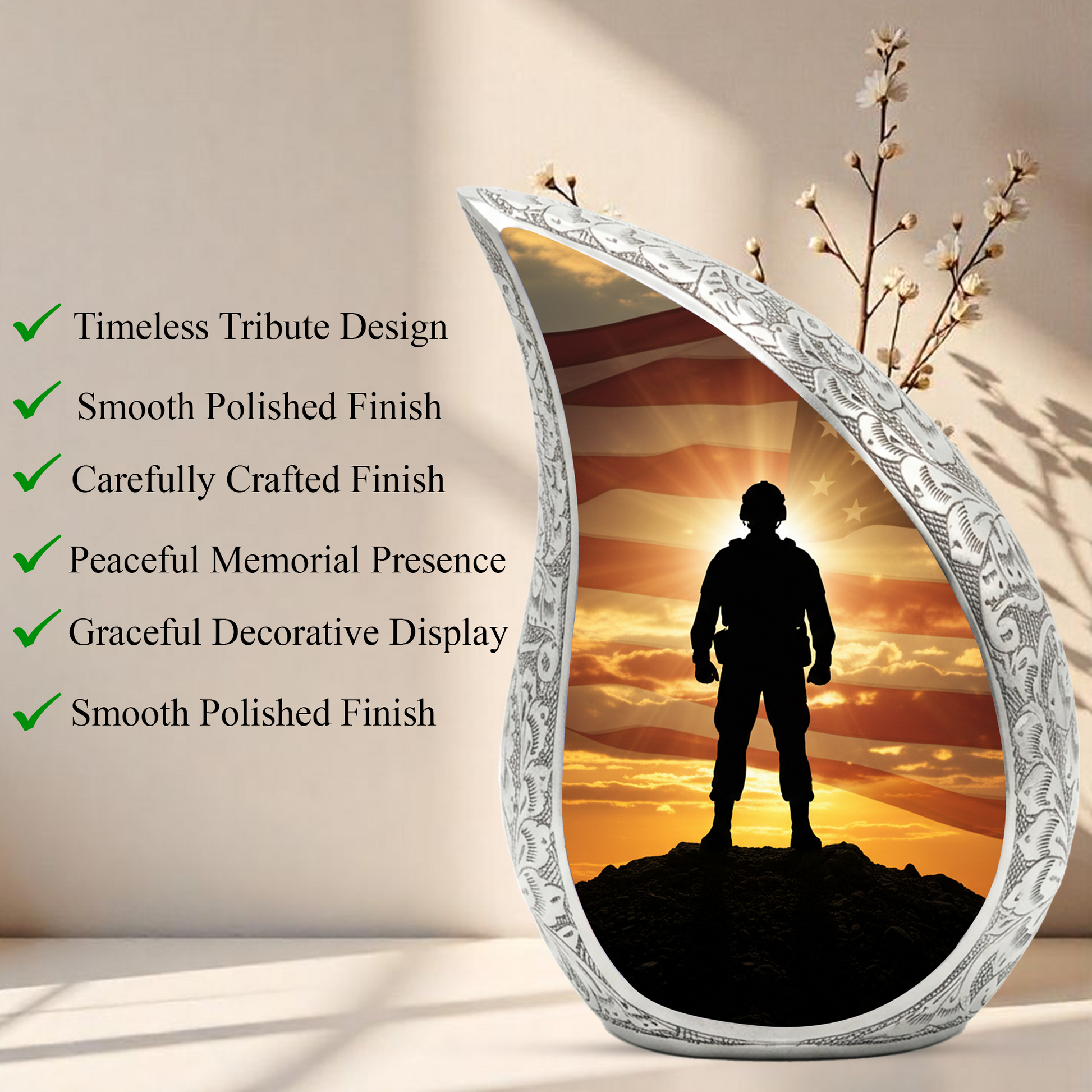 Patriotic Soldier Personalized Cremation Urn – Teardrop Style Aluminum Memorial Urn, 10 Inch
