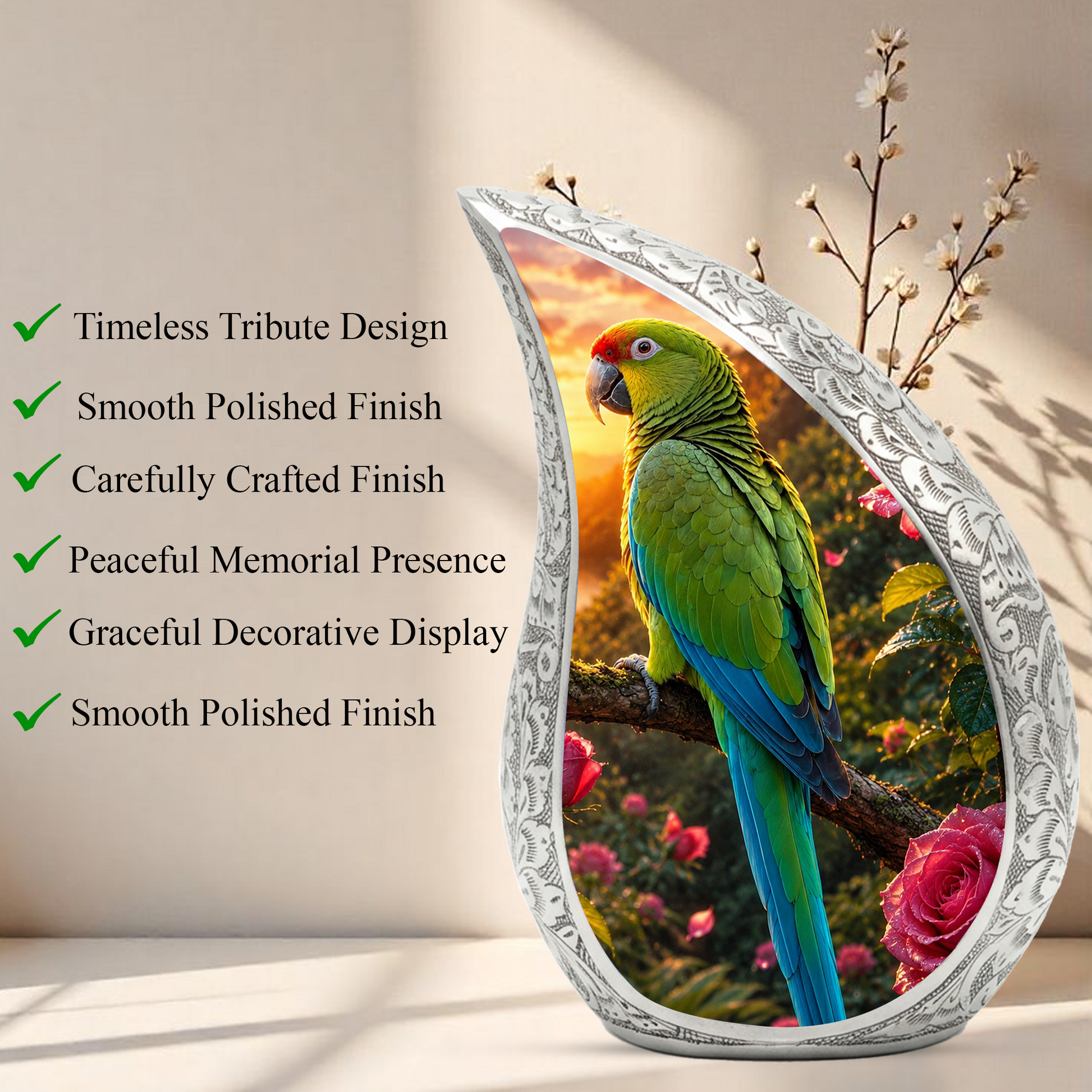 Personalized Parrot Urn for Mom – Forest Urn for Ashes | Cremation Urn for Men & Women