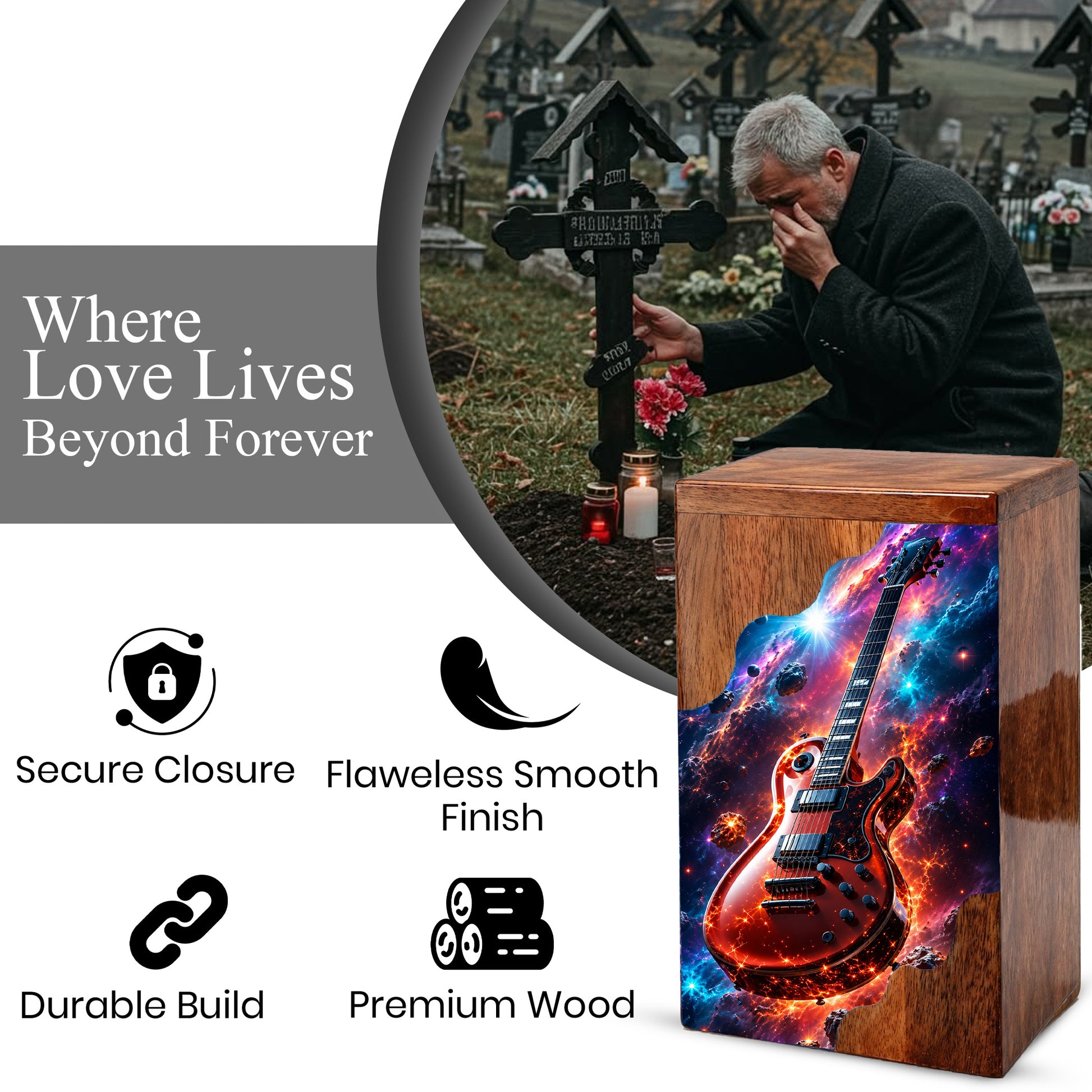 Guitar Wooden Cremation Urn – Wooden Urn for Human Ashes