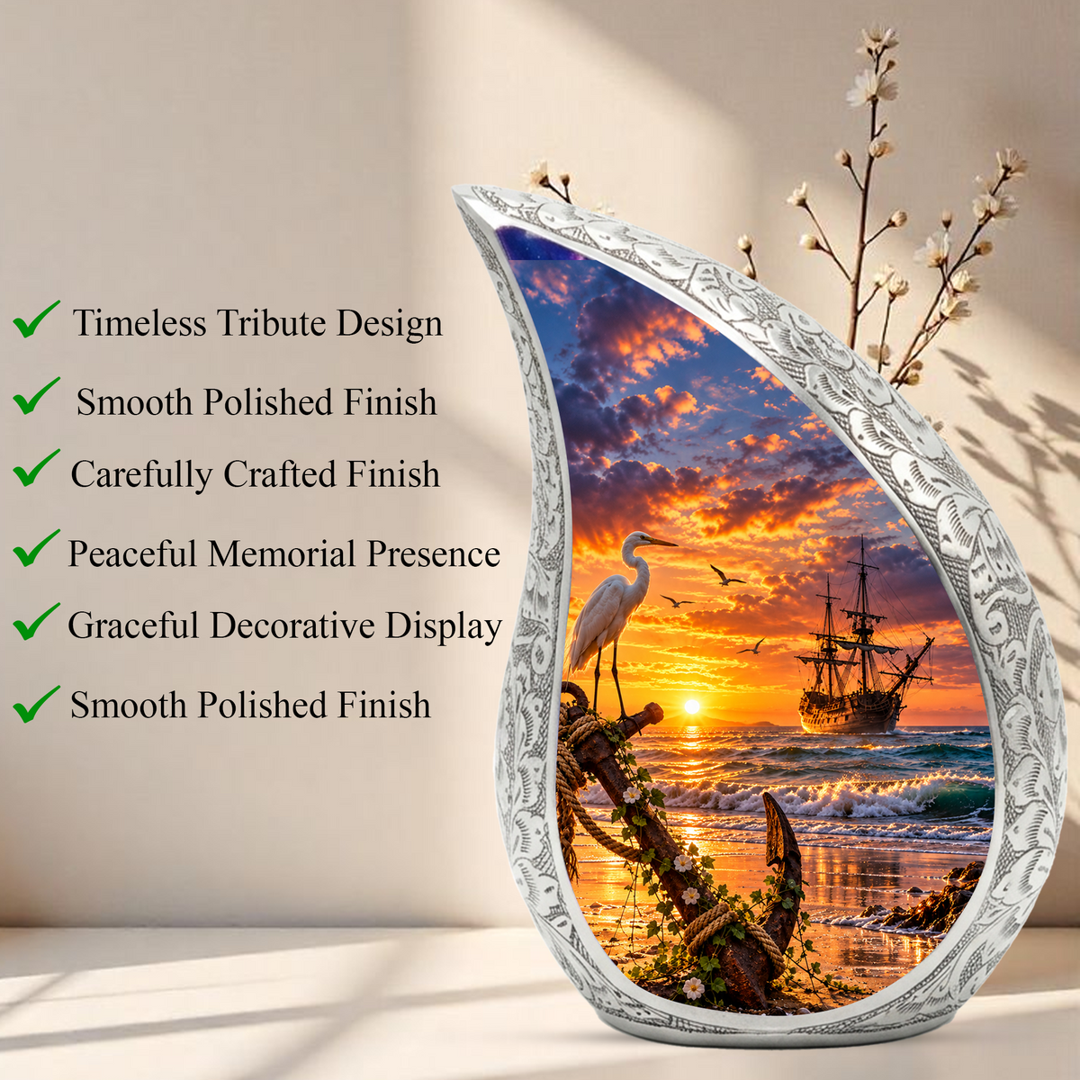 Nautical Cremation Urn for Adult Ashes, Ocean Sunset Memorial Urn, Ship and Anchor Urn, Coastal Urn for Dad