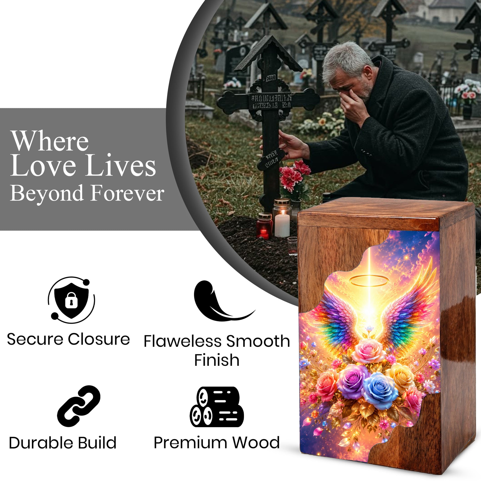 Angel Wings Wooden Cremation Urn – Heavenly Memorial Urn for Human Ashes