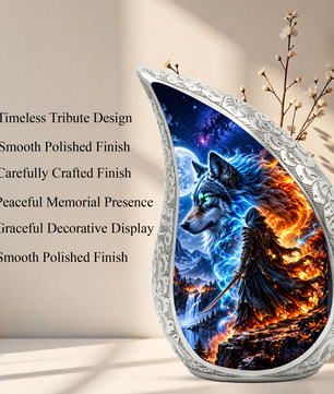 Wolf Warrior Urn for Human Ashes, Adult Cremation Urn with Blue and Fiery Wolf Artwork