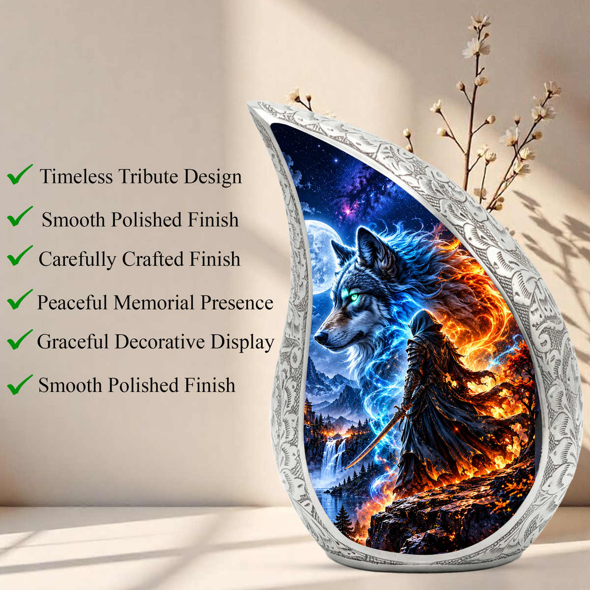 Wolf Warrior Urn for Human Ashes, Adult Cremation Urn with Blue and Fiery Wolf Artwork
