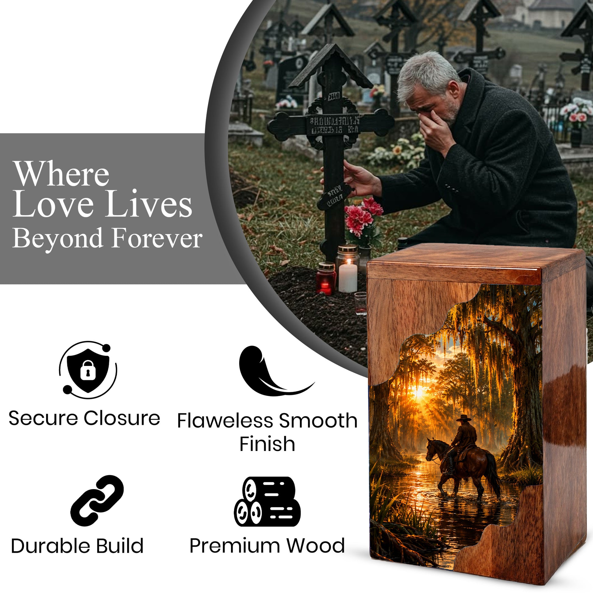 Personalised Urns for Dad,Cowboy Memorial Urn, Funeral Urn Wood