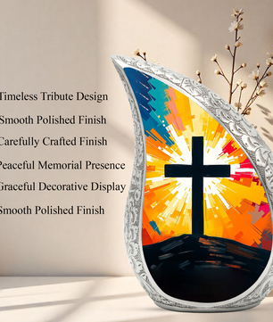 Cross Personalized Cremation Urn – Christian Memorial Teardrop Urn for Ashes | 10 Inch Aluminum Adult Urn