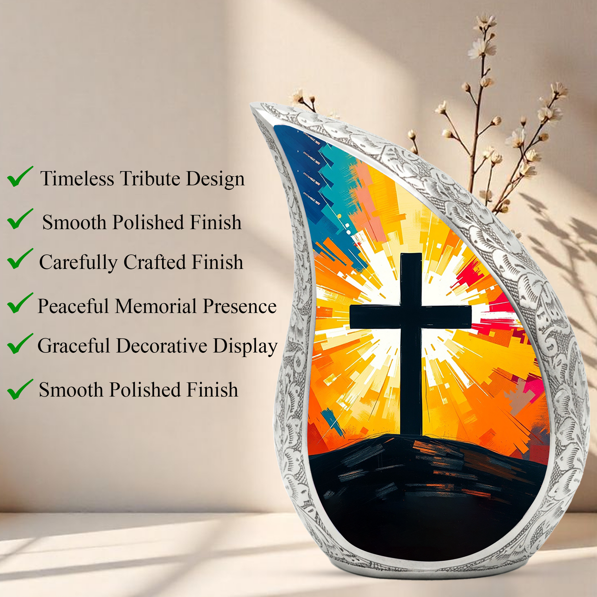 Cross Personalized Cremation Urn – Christian Memorial Teardrop Urn for Ashes | 10 Inch Aluminum Adult Urn