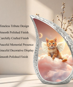 Personalized Cat Cremation Urn – Angel Cat Memorial Teardrop Urn, 10 Inch Aluminum