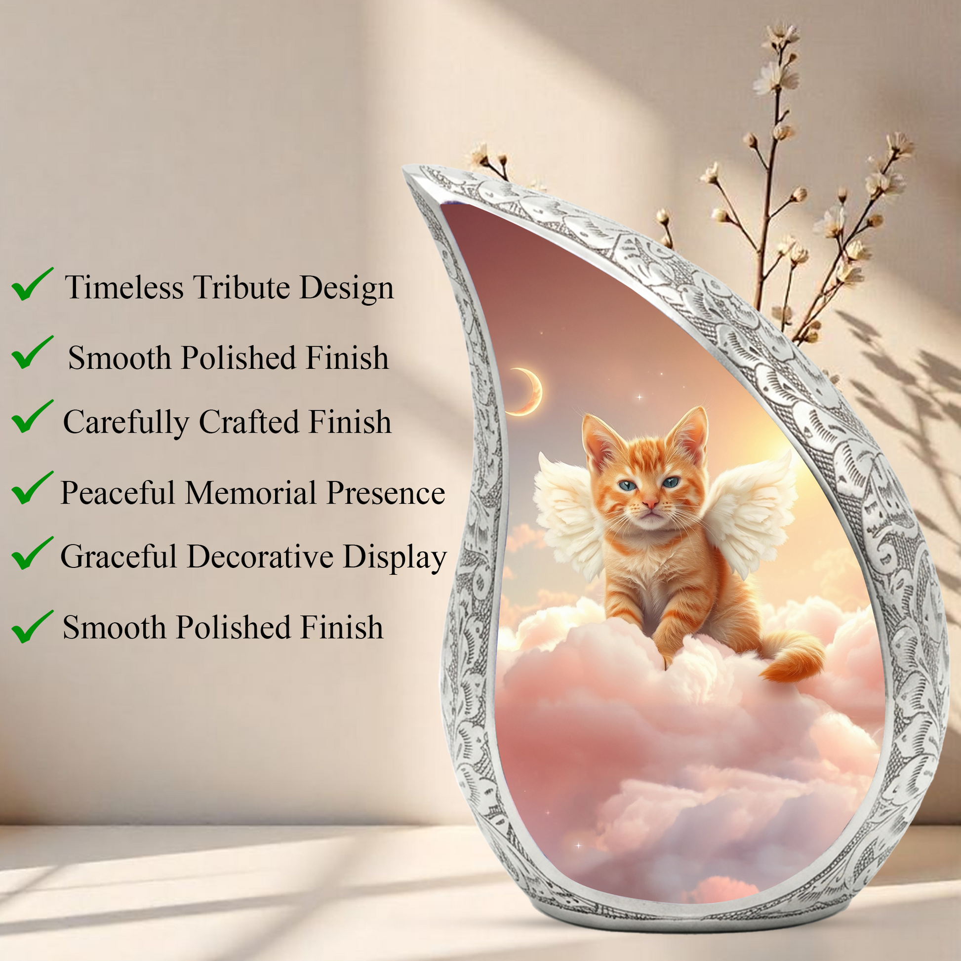 Personalized Cat Cremation Urn – Angel Cat Memorial Teardrop Urn, 10 Inch Aluminum