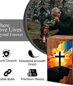 Wooden Cremation Urn – Radiant Cross Memorial Urn | Christian Wooden Urn for Ashes