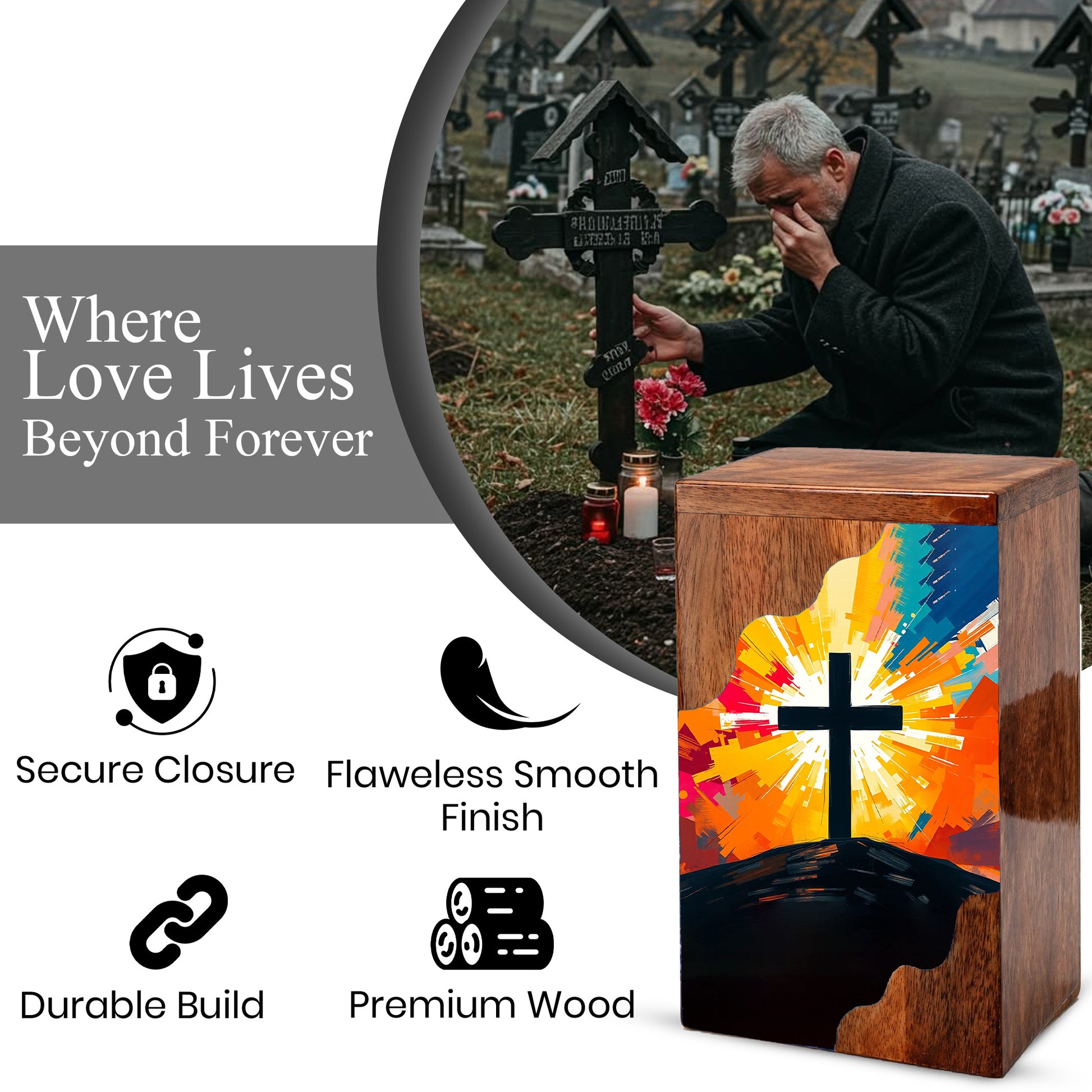 Wooden Cremation Urn – Radiant Cross Memorial Urn | Christian Wooden Urn for Ashes