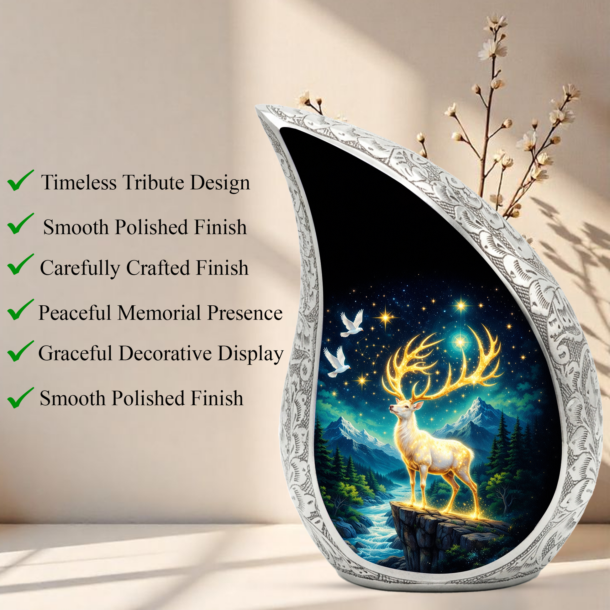 Golden Reindeer Night Landscape Cremation Urn for Adult Ashes