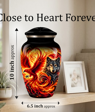 Phoenix and Wolf Cremation Urn for Adult Ashes, Fiery Red Phoenix and Wolf Adult Urn for Human Ashes