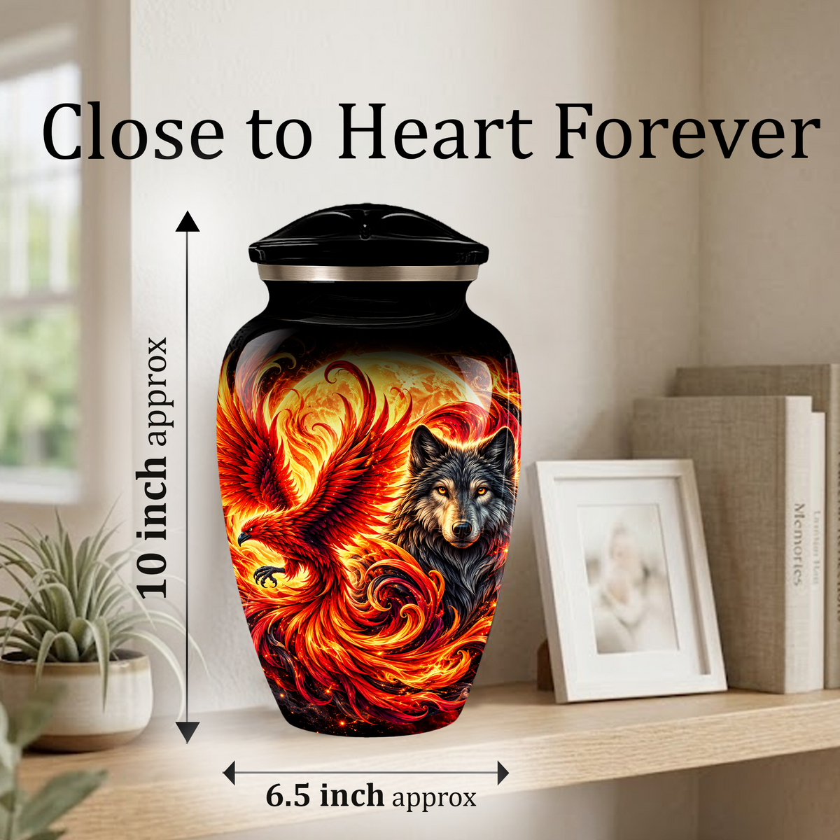 Phoenix and Wolf Cremation Urn for Adult Ashes, Fiery Red Phoenix and Wolf Adult Urn for Human Ashes
