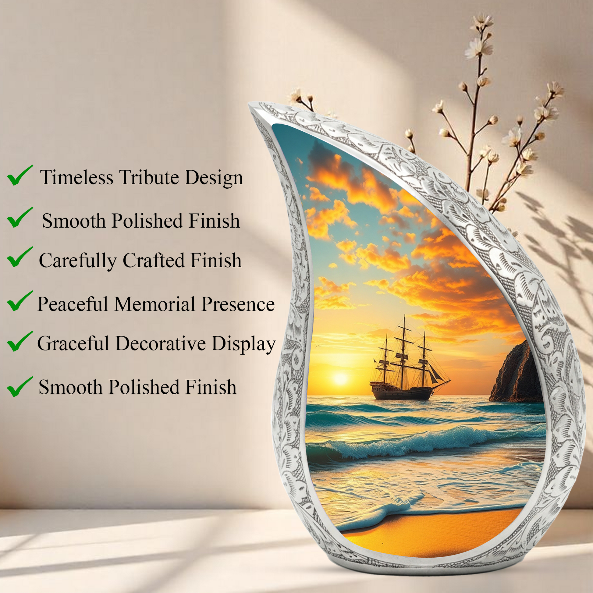 Sunset Sailing Personalized Cremation Urn – Teardrop Style Aluminum Memorial Urn, 10 Inch