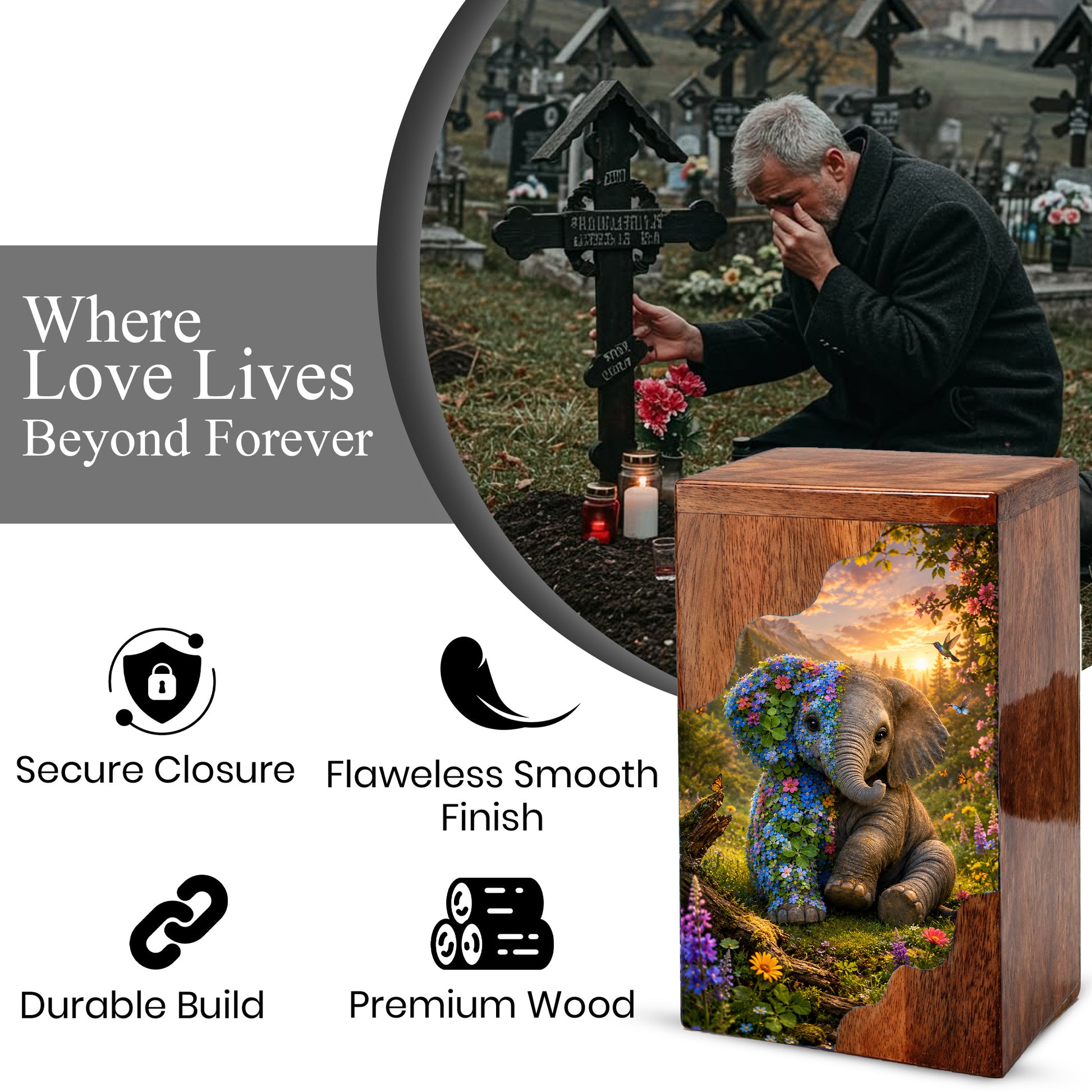Wooden Cremation Urn for Human Ashes, Elephant Memorial Urn