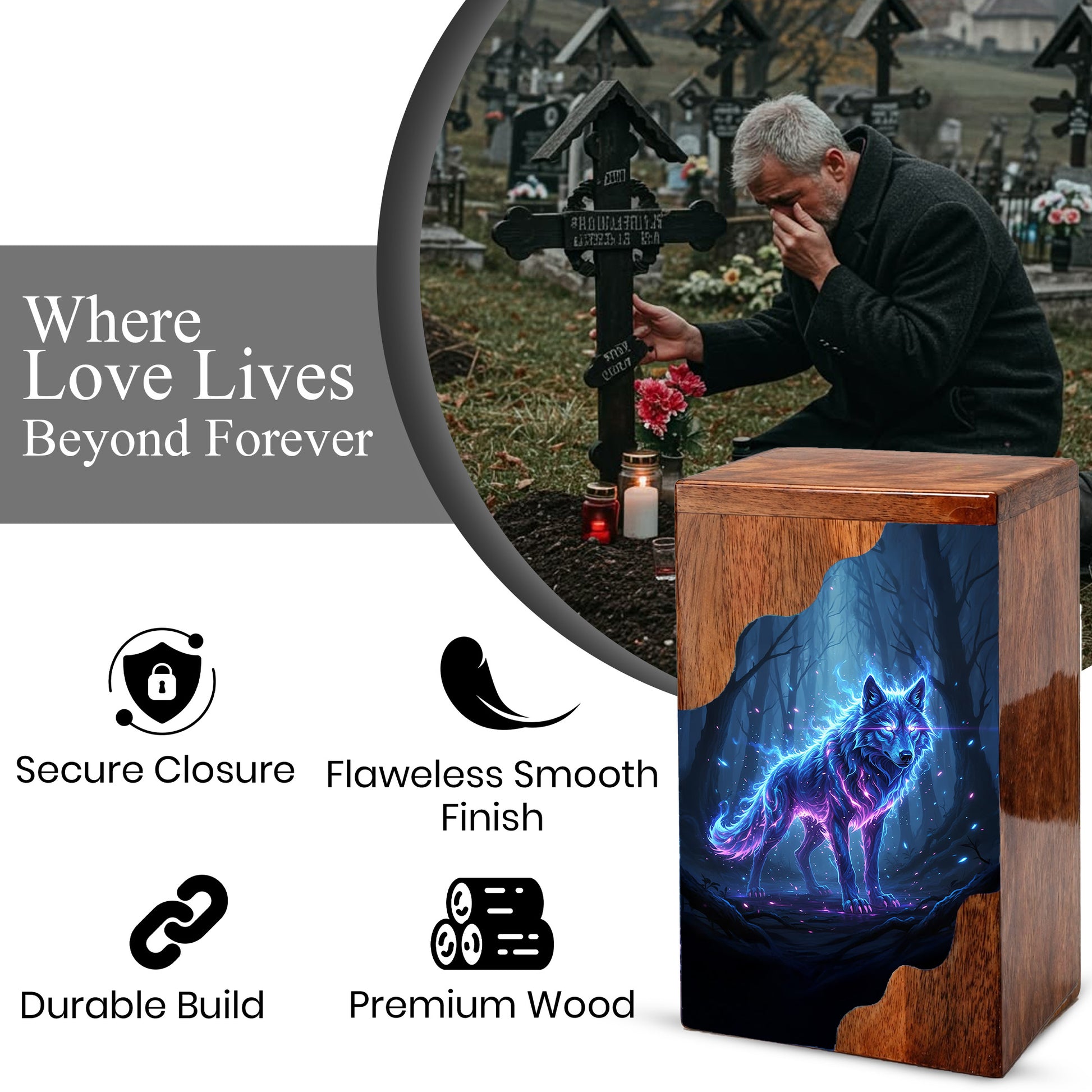 Wooden Cremation Urn – Spirit Wolf Memorial Urn | Custom Wooden Memorial Urn for Dad