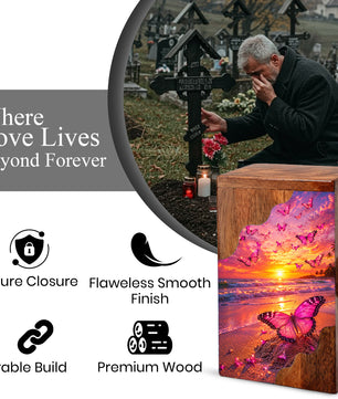 Butterfly Wooden Cremation Urn – Sunset Beach Memorial Urn for Ashes
