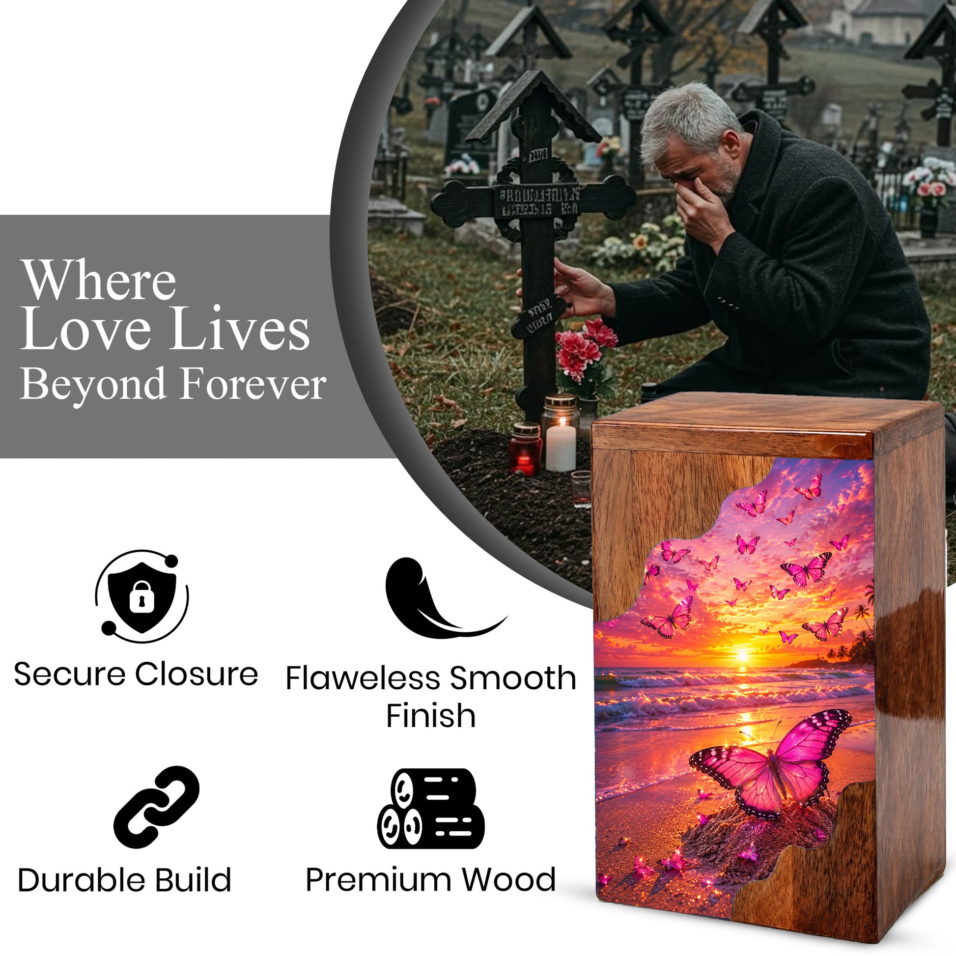 Butterfly Wooden Cremation Urn – Sunset Beach Memorial Urn for Ashes