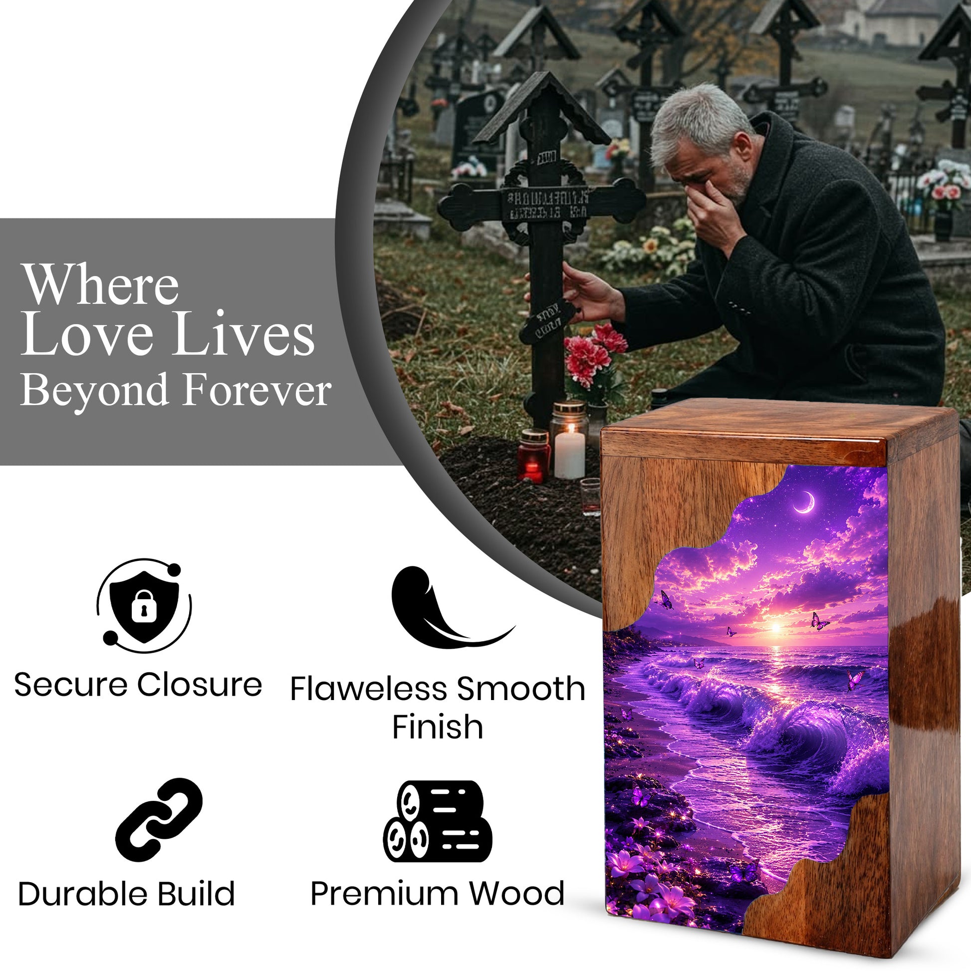 Moonlit Ocean Butterfly Wooden Cremation Urn – Beach Theme Wooden Urn for Human Ashes