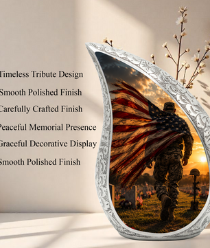 Patriotic Soldier Sunset Urn for Dad | American Flag Military Cremation Urn for Human Ashes