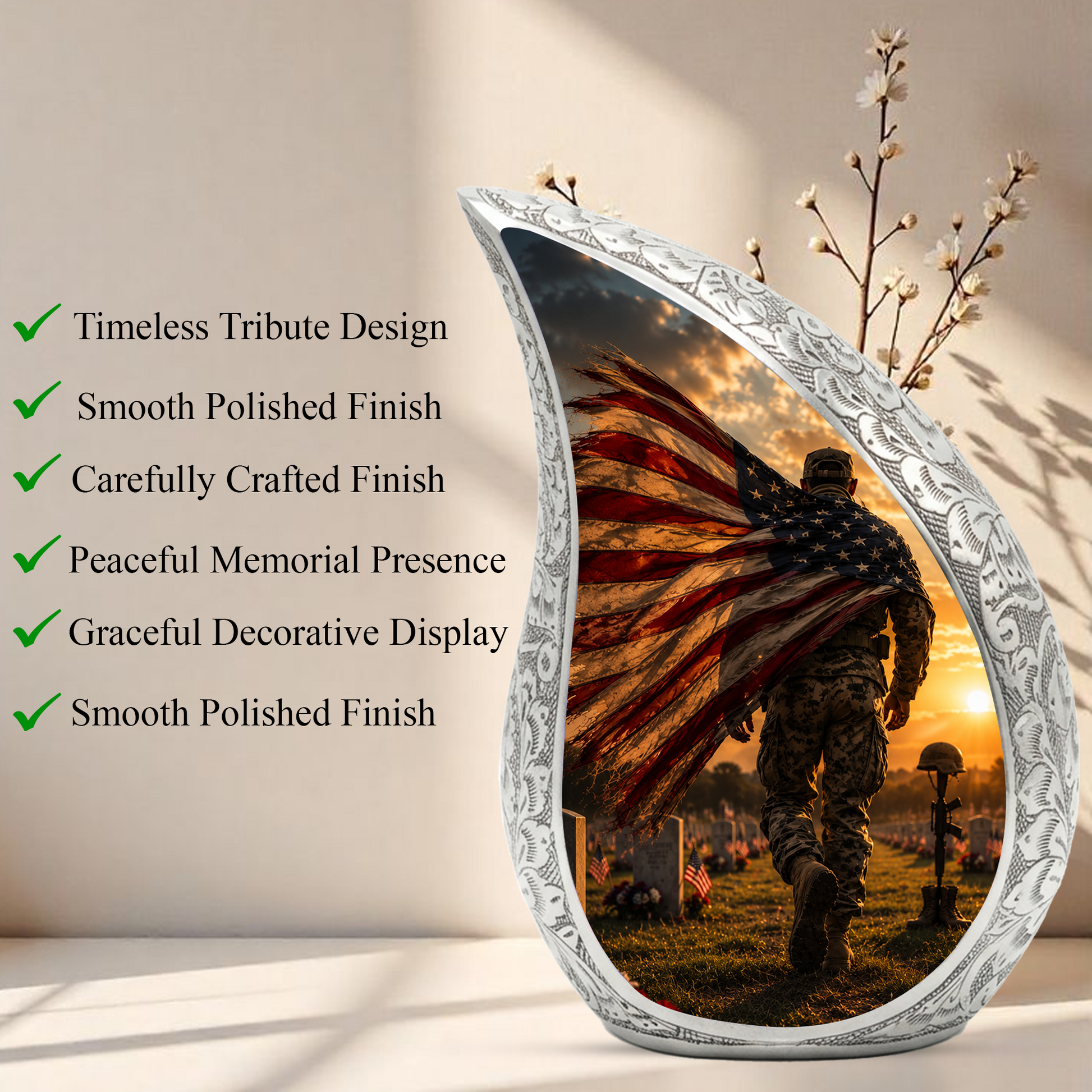 Patriotic Soldier Sunset Urn for Dad | American Flag Military Cremation Urn for Human Ashes