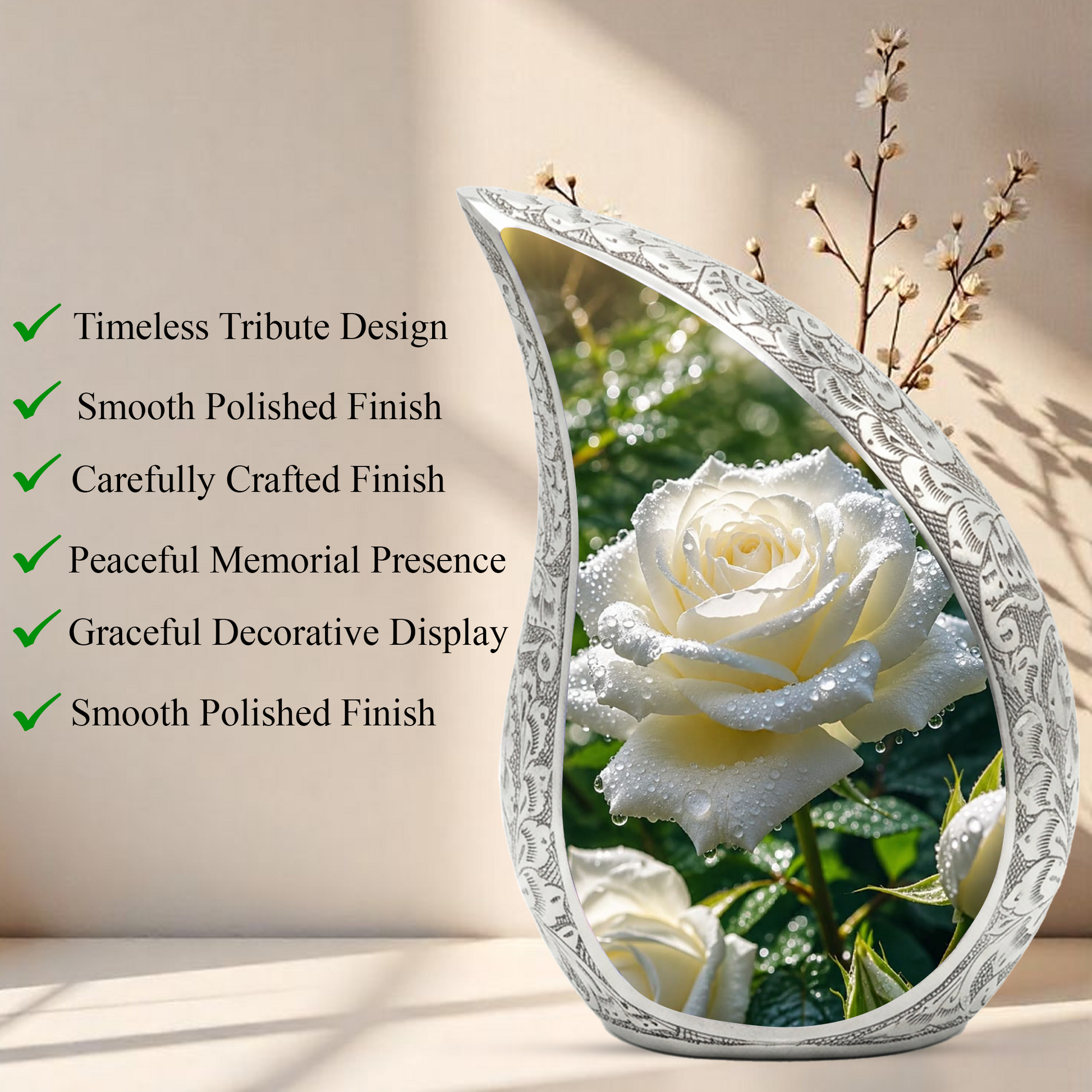 White Rose Urn for Mom, Beautiful Urns for Women