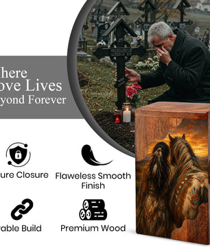 Native Spirit Wooden Cremation Urn – Horse Memorial Urn for Human Ashes | Sunset Tribute Wooden Urn