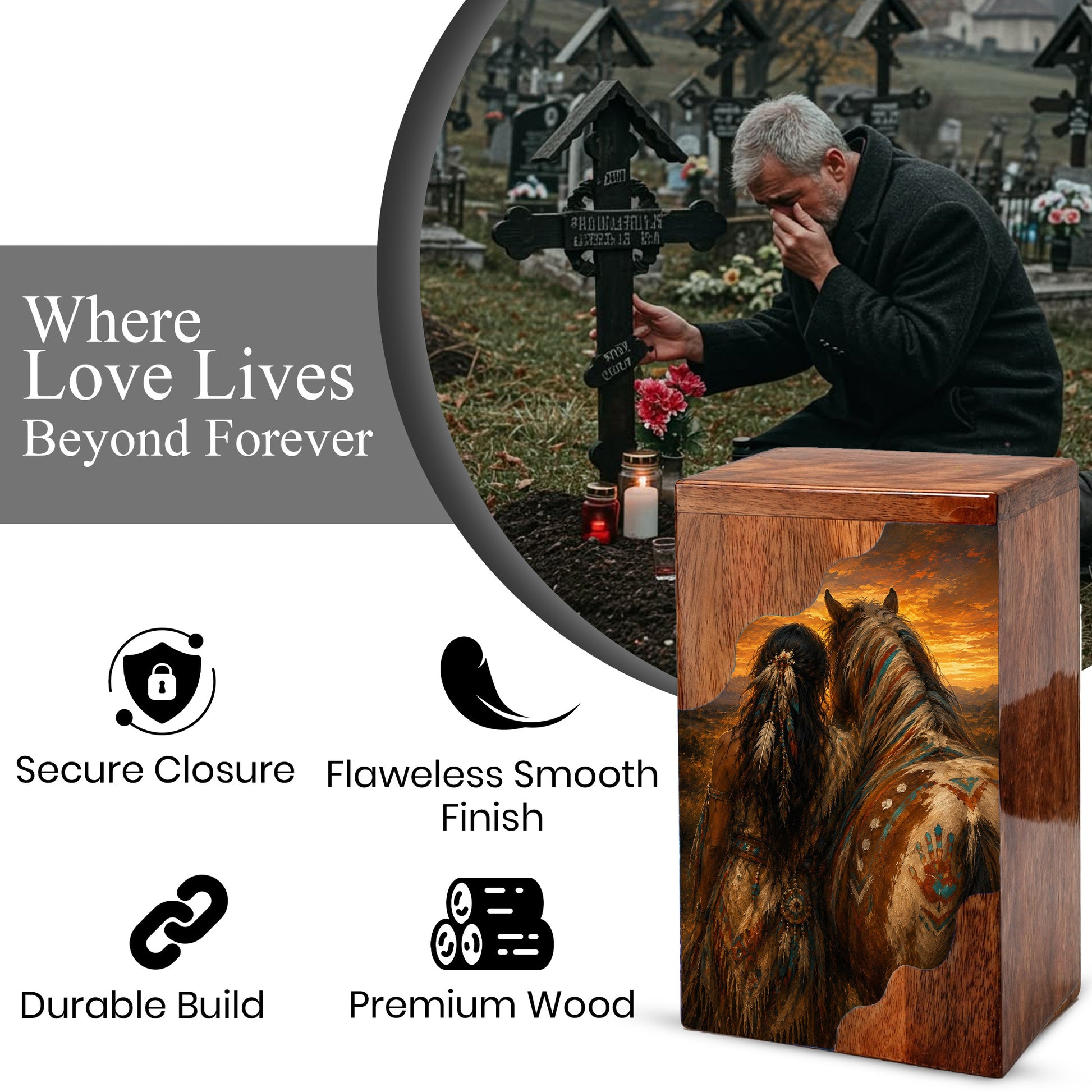 Native Spirit Wooden Cremation Urn – Horse Memorial Urn for Human Ashes | Sunset Tribute Wooden Urn