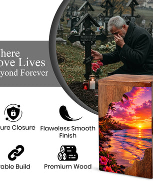 Sunset Beach Wooden Cremation Urn – Coastal Memorial Urn for Human Ashes