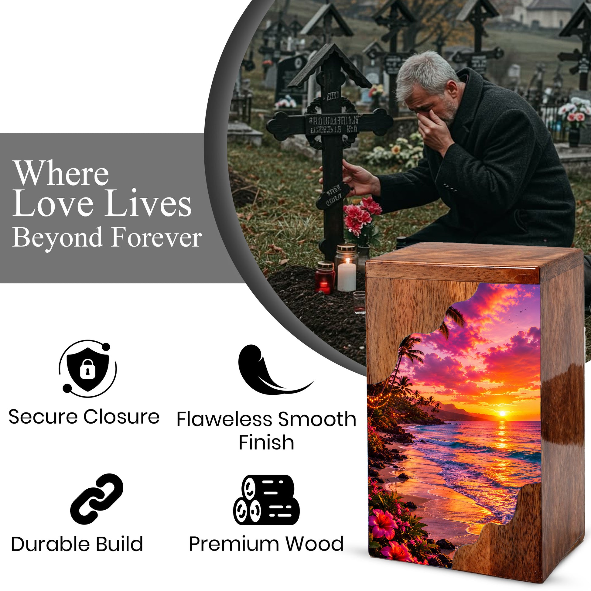 Sunset Beach Wooden Cremation Urn – Coastal Memorial Urn for Human Ashes