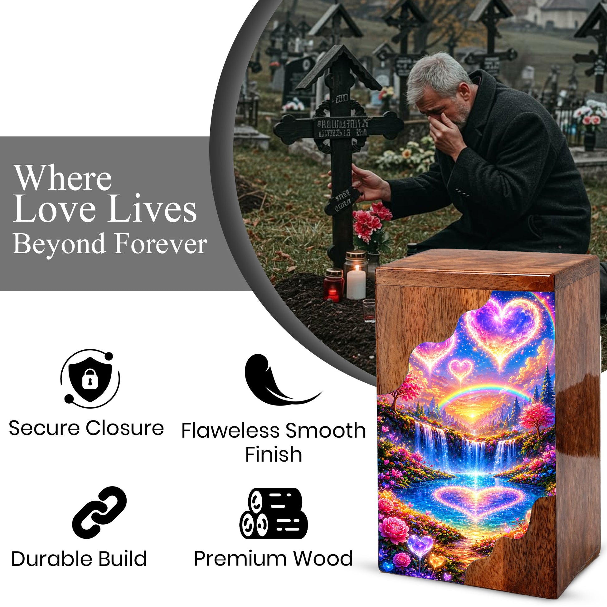 Heart Heaven Wooden Cremation Urn – Rainbow Waterfall Memorial Urn