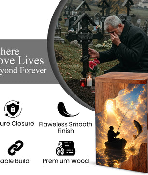 Heavenly Fishing Wooden Cremation Urn – Personalized Memorial Urn for Human Ashes