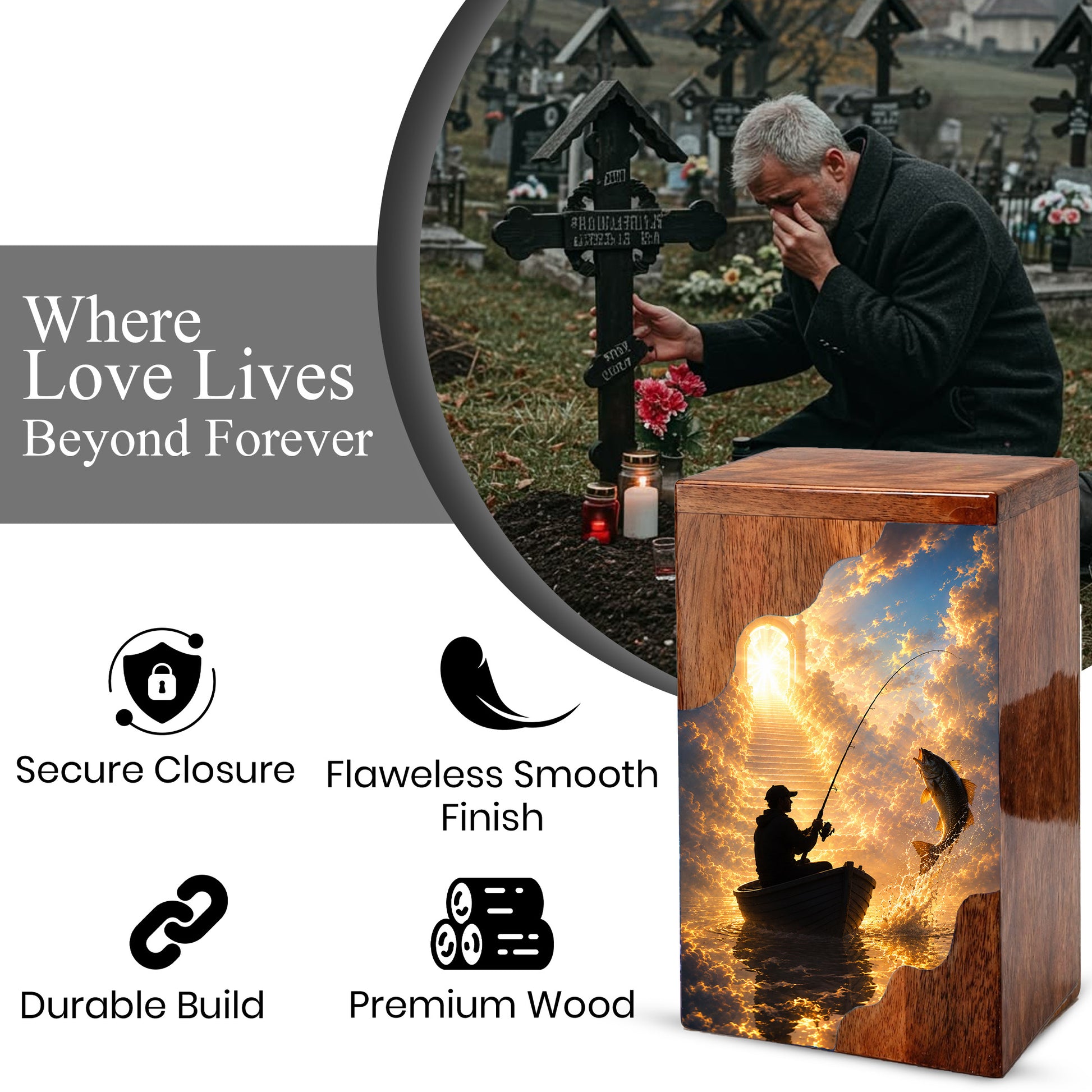 Heavenly Fishing Wooden Cremation Urn – Personalized Memorial Urn for Human Ashes