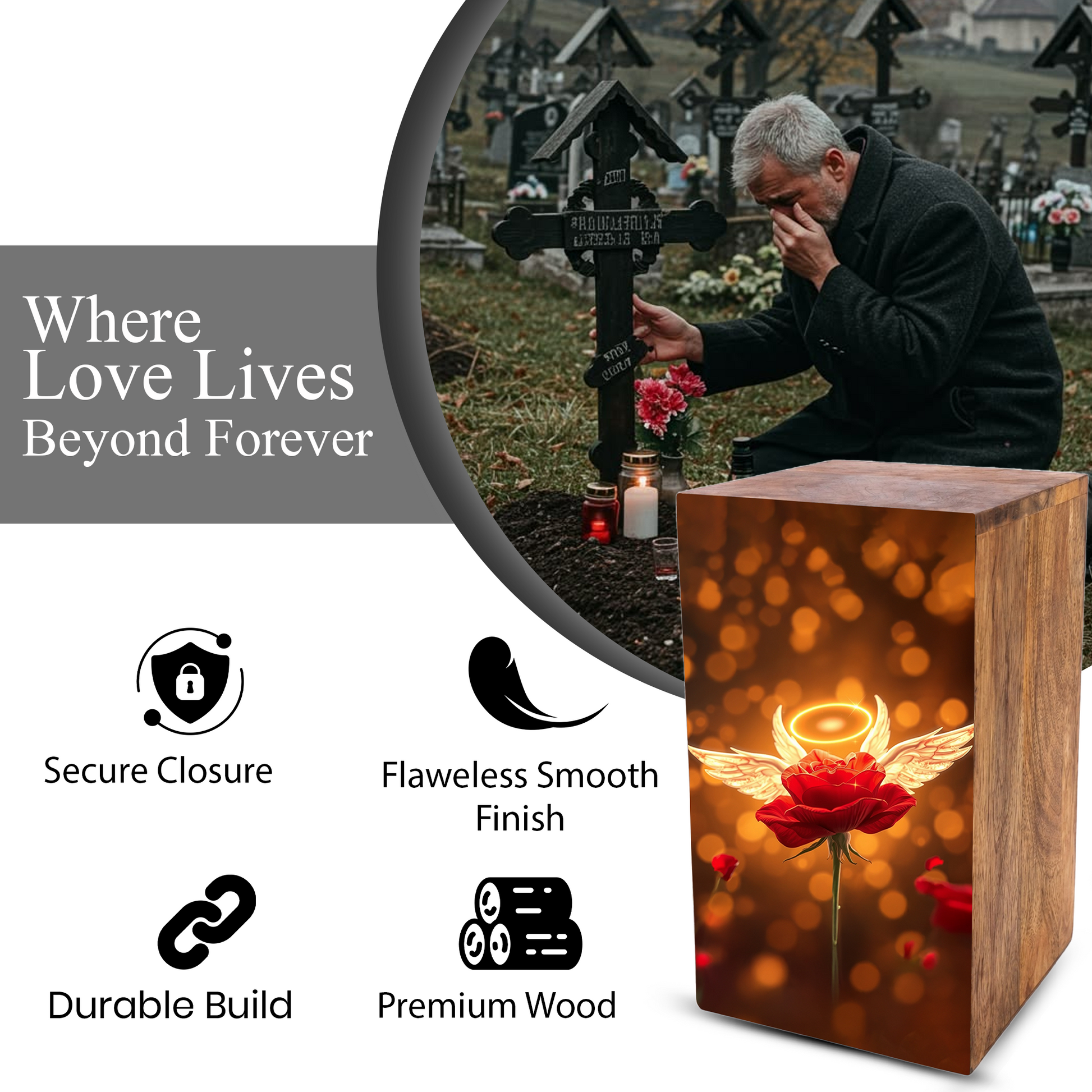 Red Rose Urn For Human Ashes - Angel Rose Decorative Wooden Box