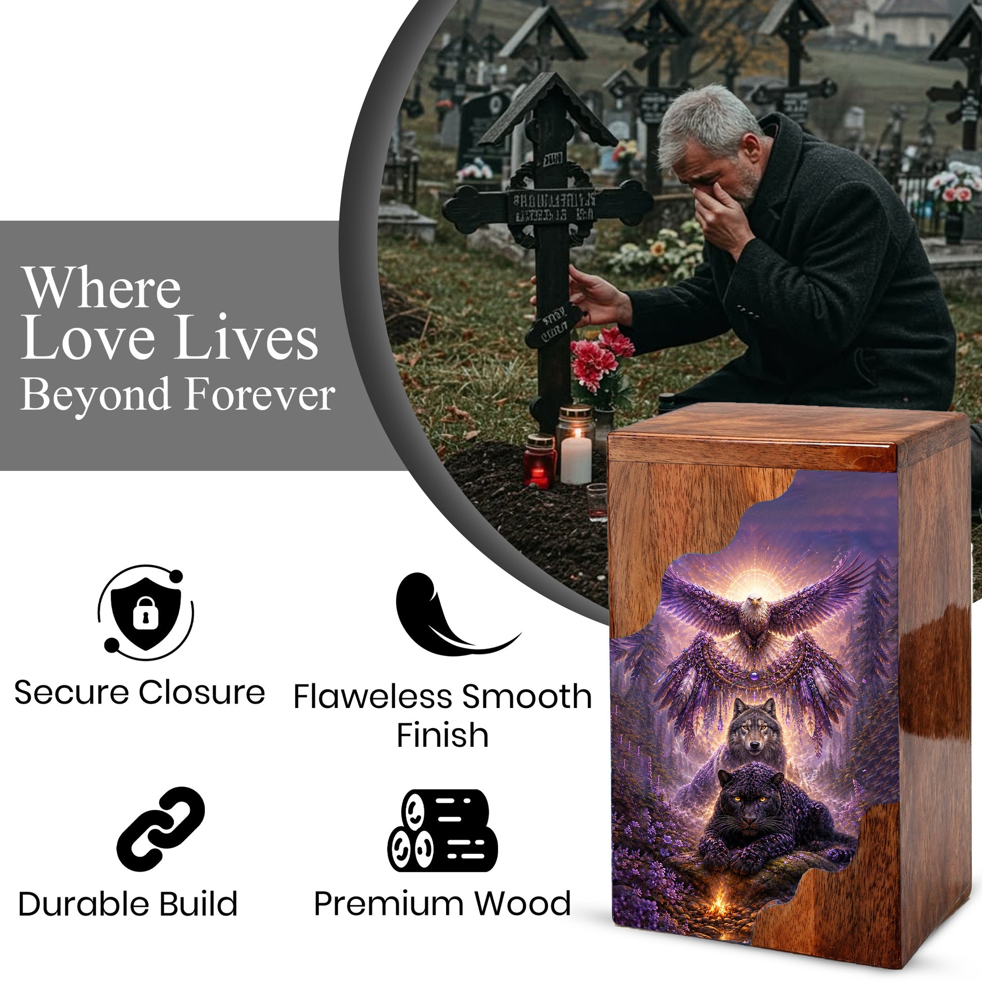 Wildlife Wooden Cremation Urn for Human Ashes | Eagle Wolf Panther Memorial Urn