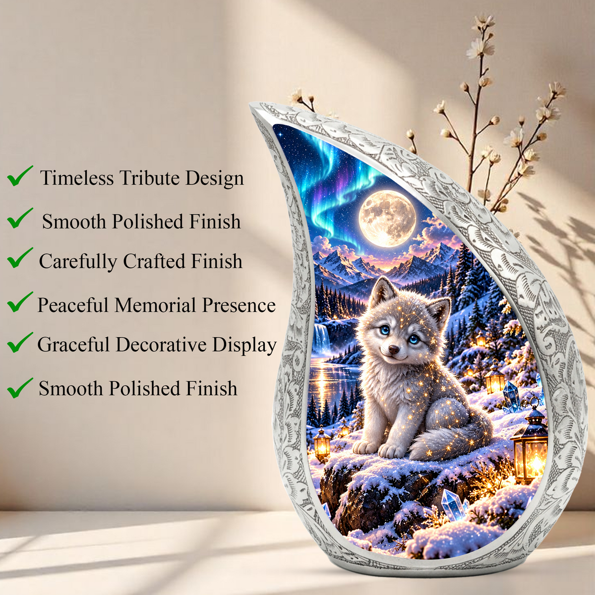 Wolf Urn for Ashes, Husky Puppy Aluminum Cremation Urn