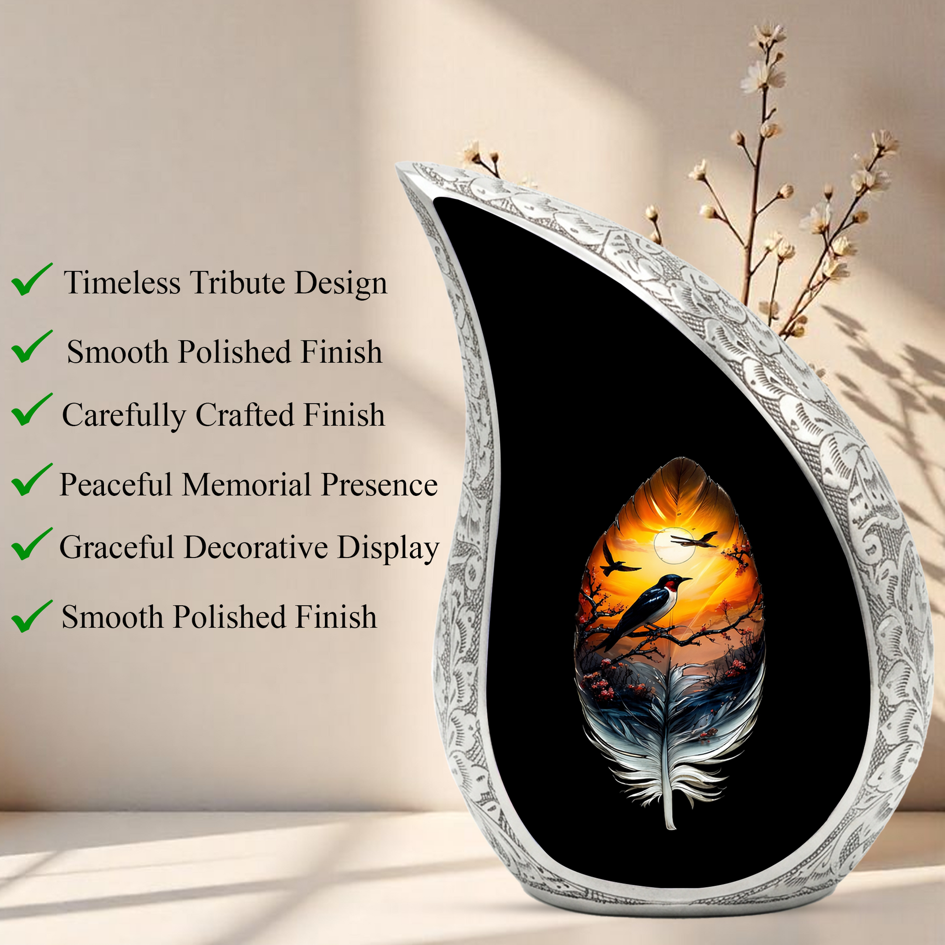 Feather Memorial Urn for Mom – Personalized Cremation Urn for Human Ashes | Beautiful Urns for Women