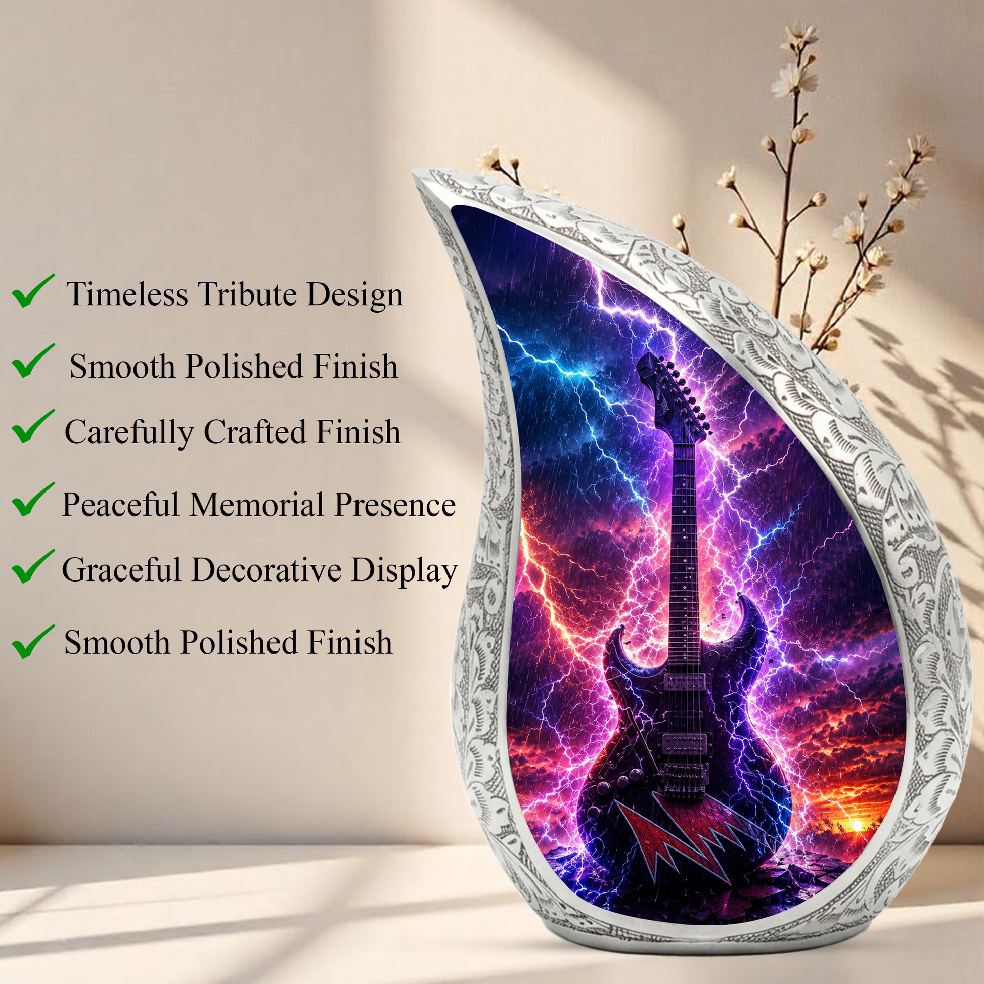 Thunder Guitar Urn for Human Ashes | Rock Music Adult Cremation Urn | Guitar Memorial Urn for Adult Ashes