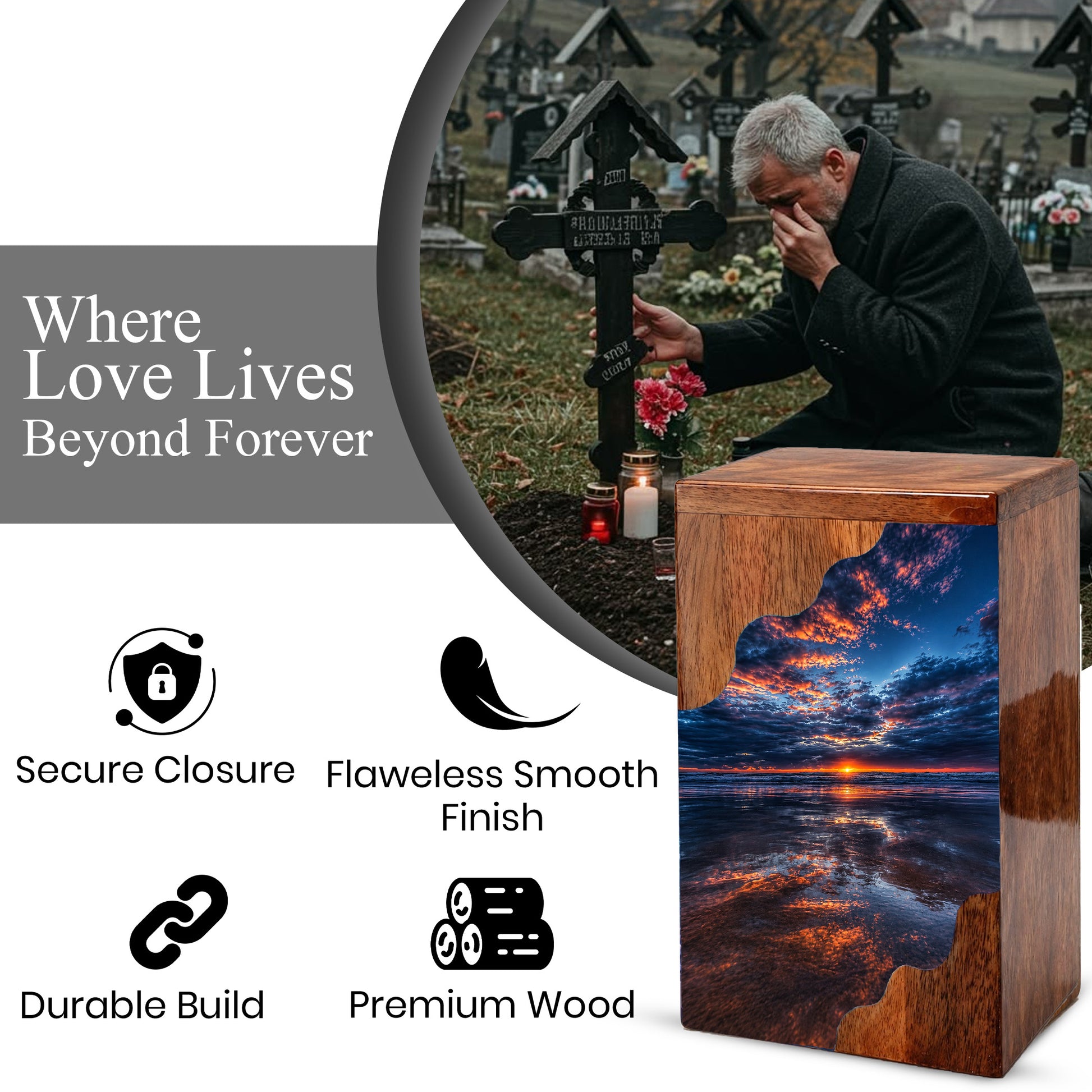 Beach Wooden Cremation Urn for Human Ashes | Ocean Sunset Memorial Urn