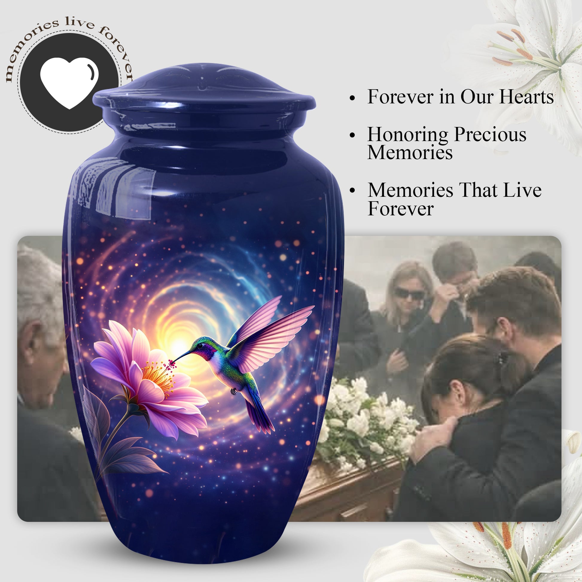 Hummingbird Urn for Mom with Pink Flower | Floral Cremation  Large Urn for Ashes