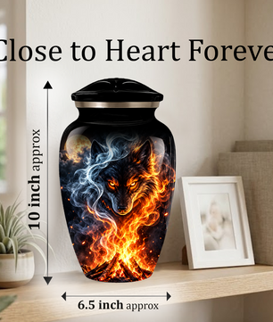 Personalized Adult Cremation Urn for Ashes, Fiery Wolf Memorial Urn, Black Wolf Cremation Urn