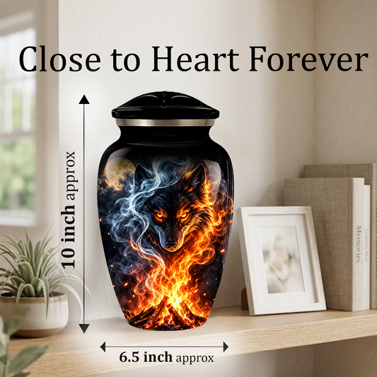 Personalized Adult Cremation Urn for Ashes, Fiery Wolf Memorial Urn, Black Wolf Cremation Urn