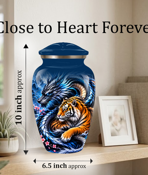 Blue Dragon and Tiger Cremation Urn for Adult Ashes, Fantasy Animal Memorial Urn